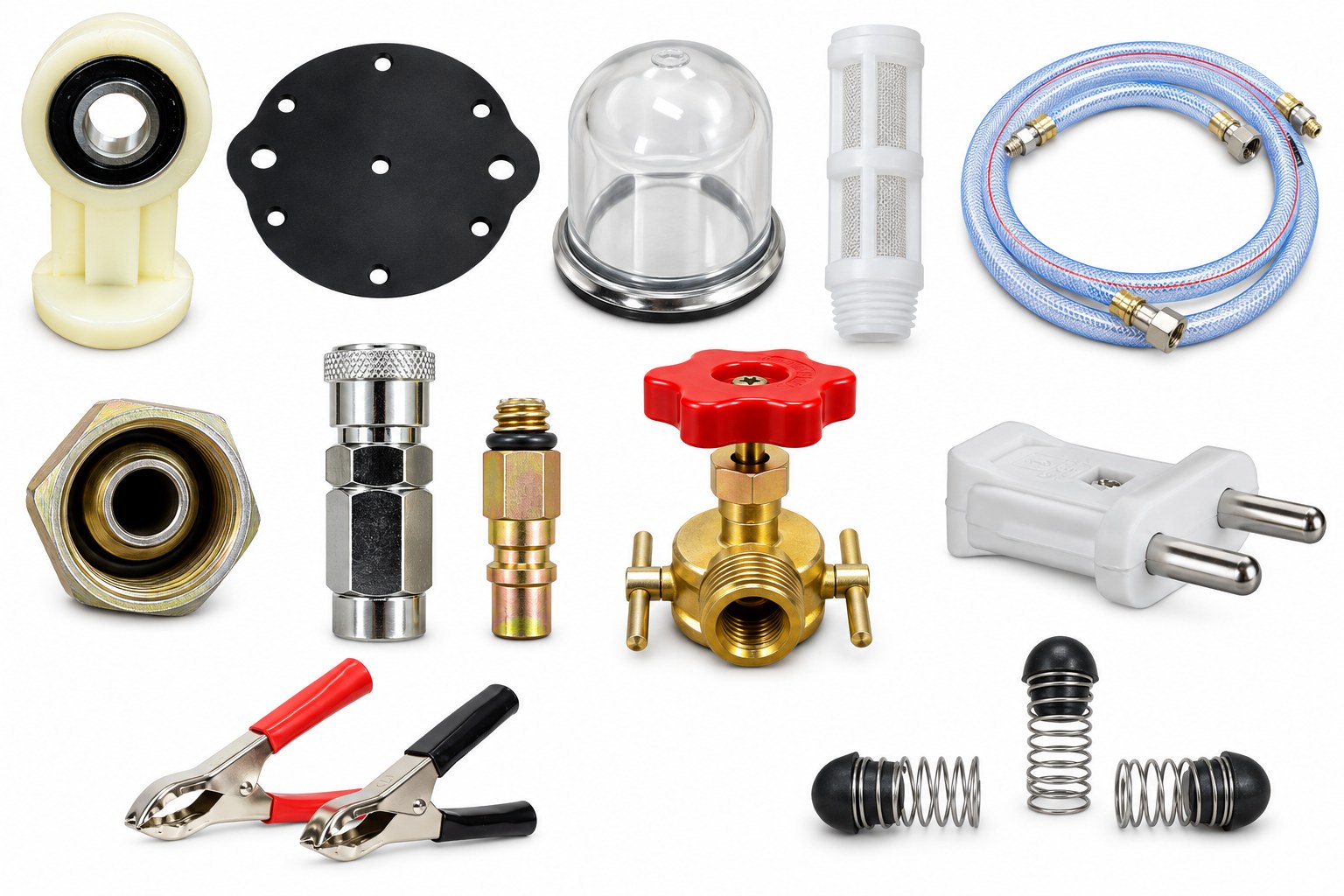 Parts and spares shipped with each YAM pump: diaphragm, filter, hoses, valves, couplers, plug, battery clamps and springs